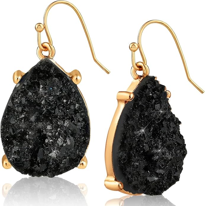 Teardrop Dangle Earrings for Women with Simulated Druzy Stones in Gold or Silver Tone