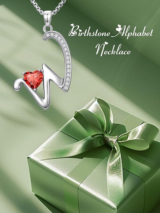 Valentines Day Gifts for Women Alphabet A to Z Initial Birthstone Pendant Necklaces for Women - 18k White Gold Plated Personalized Name Jewelry Valentine Mothers Day Birthday Gifts for Women Her Girlfriend