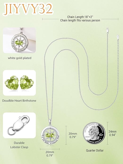 Compass Necklace for Women, Exquisite S925 Valentines Day Anniversary Birthday Gifts for Wife Her Double Birthstone Pendant Jewelry ‘I'd be Lost Without You’