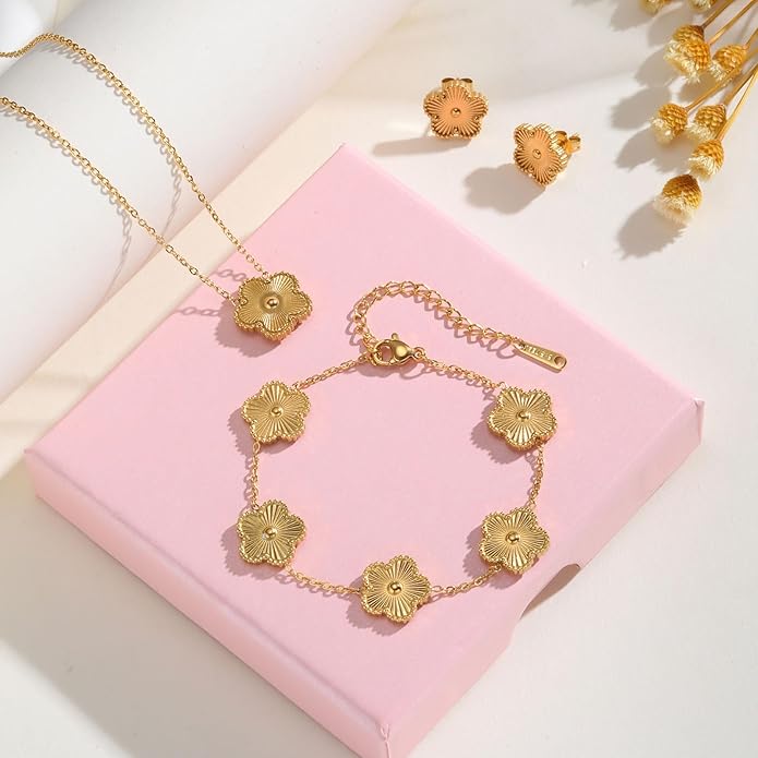 Gold Necklaces Bracelets Earring Set - 18K Gold Plated Flower Bracelet Chain,Stainless Steel Non Tarnish Floral Pendant Stud Jewelry Sets,Christmas Birthday Lucky Gift for Mom Wife Daughter Girlfriend