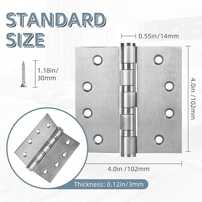 6 Pack Stainless Steel 4'' Door Hinges, 4in x 4in Heavy-Duty Ball Bearing Door - Image 3