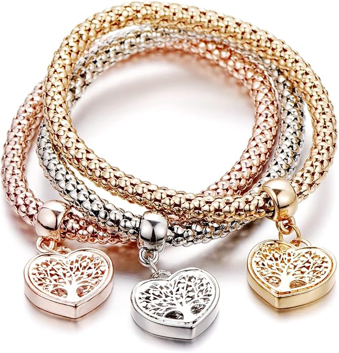 Crystal Charms Multilayer Bracelets - 3PCS Gold/Silver/Rose Gold Corn Chain Bracelet for Women, Tree of Life Heart Shaped Stretch Bracelet