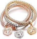 Crystal Charms Multilayer Bracelets - 3PCS Gold/Silver/Rose Gold Corn Chain Bracelet for Women, Tree of Life Heart Shaped Stretch Bracelet