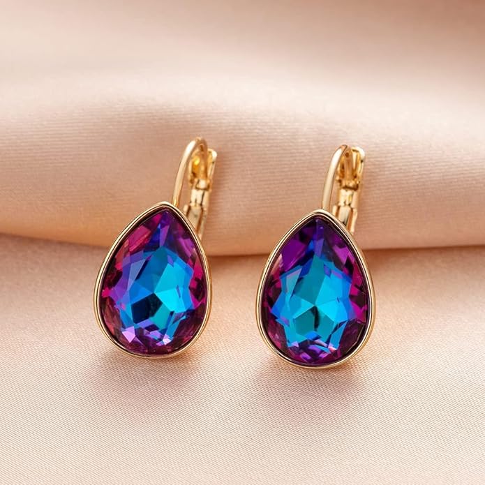 Teardrop Austrian Crystal Leverback Drop Earrings for Women 14K Rose Gold Plated Hypoallergenic Jewelry
