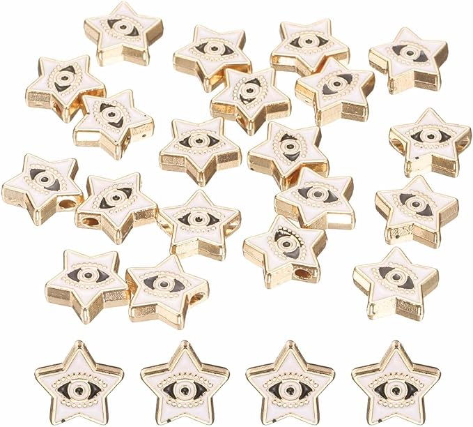 MECCANIXITY 20 Pcs Star Evil Eye Beads Colorful Flat Loose Spacer Evil Eye Charms for DIY Bracelet Earrings Necklace Crafts Jewelry Making, White