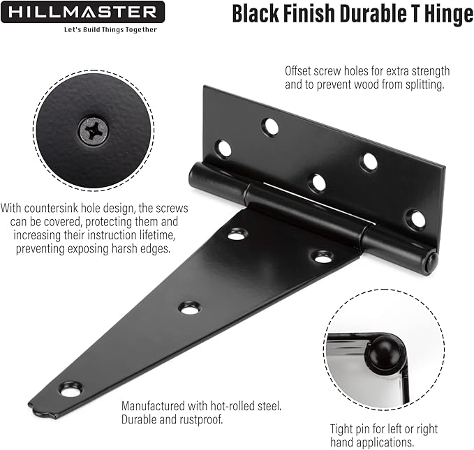 HILLMASTER 8 Inch T-Strap Heavy Duty Shed Door Hinges Gate Strap Hinges Black - Image 4