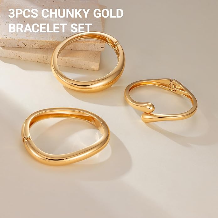 Chunky Gold Bangle Bracelets for Women, Premium Zamak 3 Alloy with 14K PVD Vacuum-Ion Plating & Electrophoretic Finish, Ideal for Parties, Weddings, Christmas & Valentine’s Day Gifts