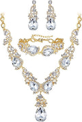 BriLove Wedding Bridal Jewelry for Women Multi Teardrop Cluster Crystal Statement Necklace Dangle Earrings Link Bracelet Set