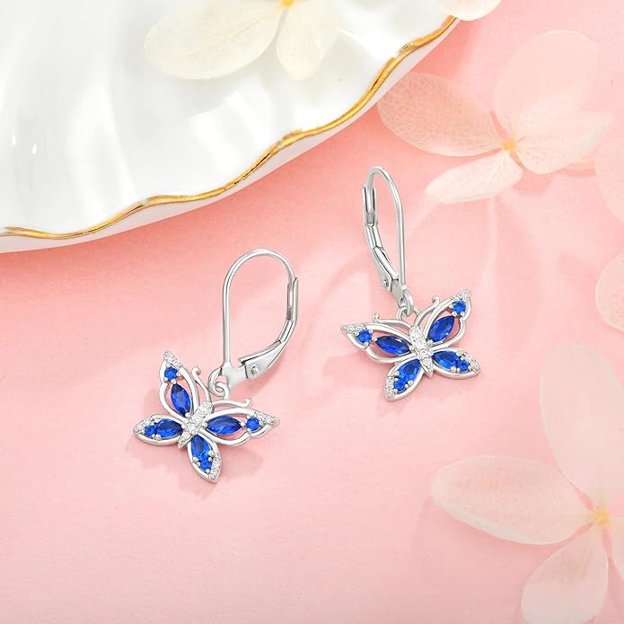 Women's Butterfly Leverback Dangle Earrings 925 Sterling Silver 5A Cubic Zirconia Jewelry for Valentine Mother's Day Birthday Gifts for Her