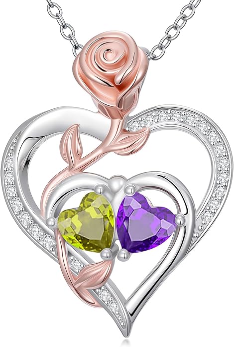 Rose Flower Heart Pendant for Women Birthday Gifts 18k Gold Plated Mother Daughter Necklace with 12 Months Birthstone Christmas Valentines Day Gifts for Her Mom Anniversarry Jewelry for Mom Wife Girlfriend