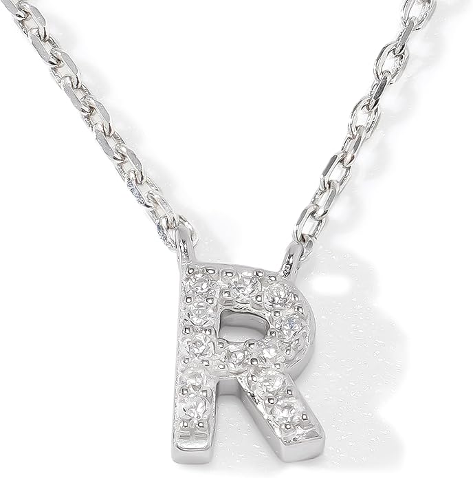 JTV Sterling Silver Initial Necklace for Women, 0.13 CTW White Cubic Zirconia Letter Pendant, Rhodium-Plated, Personalized Monogram Jewelry, Gift Box Included, 18”