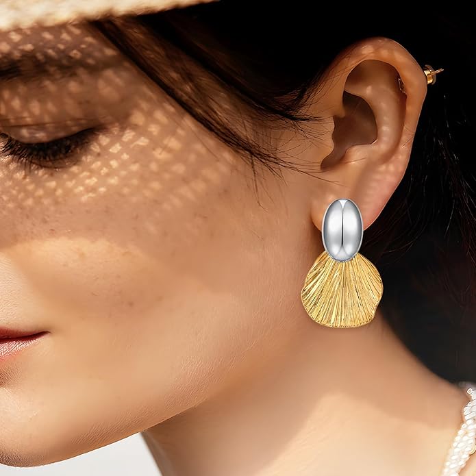 Gold Plated Earrings Dangle Chunky Fan-shaped Earrings Shell Earring for Women Two-Tone Fashion Statement Jewelry