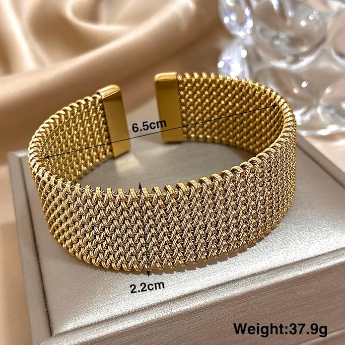 hotoo Gold Open Cuff Bangles Wide Woven Bracelets For Women Stainless Steel Stackable Jewelry For Xmas Birthday Gifts