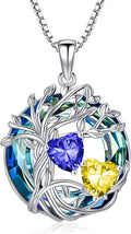 TOUPOP s925 Sterling Silver Family Celtic Tree of Life Pendant Necklaces with 2 Heart Birthstone with Blue Austrian Crystal Jewelry Birthday Valentines Day Gifts for Her, Anniversary Christmas Gifts for Wife Girlfriend Mom (18K Real White Gold Filled)