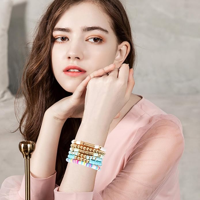 GOOJIDS Surfer Heishi Clay Bead Bracelets for Women Bohemian Stackable Gold Plated Beaded Stretch Bracelets Elastic Layering Friendship Bracelets Set Boho Jewelry