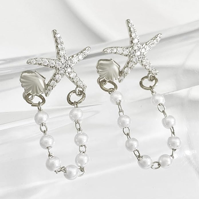 Seashell Starfish Earrings Beach Jewelry for Women Pearl Drop Shell Earrings Ocean Beachy Fashion Accessories Womens Summer Outfits 2026 Tropical Vacation Outfits Beach Vacation Clothes Dresses