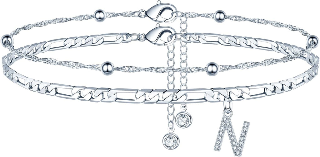 Ursteel Ankle Bracelets for Women, 14K Gold Plated Dainty Layered Chain CZ Initial Anklets Summer Jewelry Gifts for Women