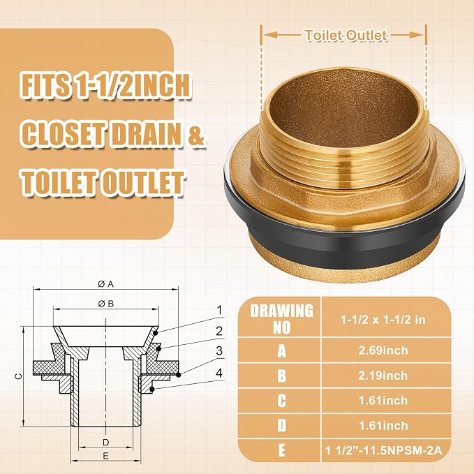 Zonon 6 Pcs 1-1/2 Inch 100% Brass Closet Spud Urinal Spud Flush Valve Parts - Image 2