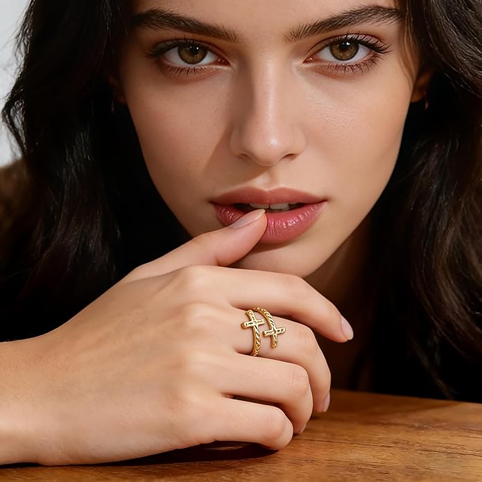 Cross Ring for Women 14 Gold Plated Hammered Texture Open Ring Size Adjustable Dainty Faith Christian Jewelry Gifts