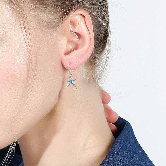 925 Sterling Silver Starfish Earrings With Opal Fish Hoops, Nautical Hawaiian Sea Beach Jewelry for Women and Starfish Lovers