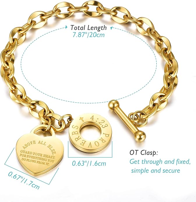 Emibele Heart Charm Bracelet for Women, Bible Verse Bracelet Stainless Steel 18K Gold Plated Bracelet Love Pendant Link Chain OT Clasp, Birthday Christmas Jewelry Gift for Mother Her