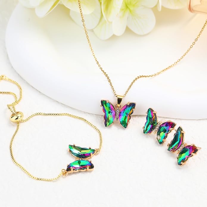 MISS RIGHT Butterfly Crystal Jewelry Set with Butterfly Necklace Stud Earrings Bolo Bracelet Adjustable Ring for Women Trendy, Iridescent Y2K Dainty Butterfly Jewelry Gifts