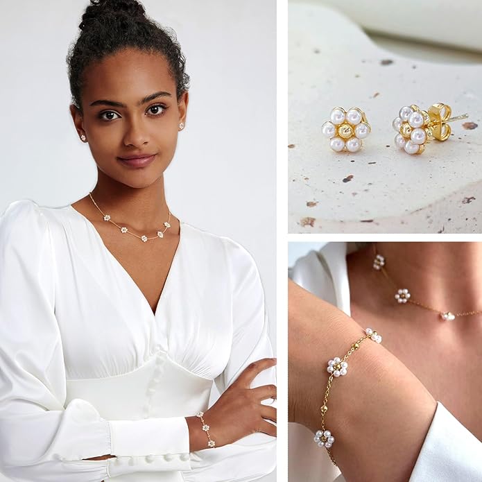 Zeffy Gold Pearl Necklace for Women, Dainty 14K Gold/Silve Plated Layered Pearl Choker Pearl Earrings Pearl Bracelets Wedding Trendy Gold Jewelry Set for Women Gifts