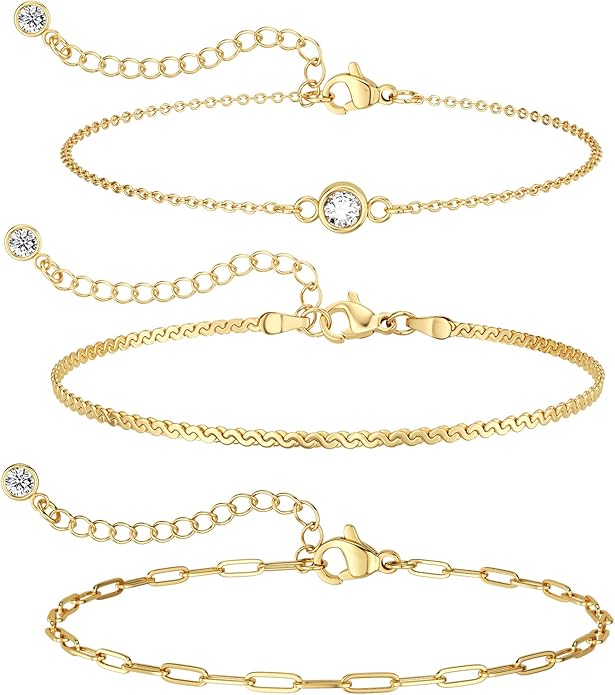 MBW Gold Bracelets for Women Trendy, Dainty 14K Gold Plated Bracelet Stack Beaded Chain Bracelet Set Thin Small Cute Paperclip Bracelets Fashion Waterproof Jewelry Gift Gold Accessories for Women