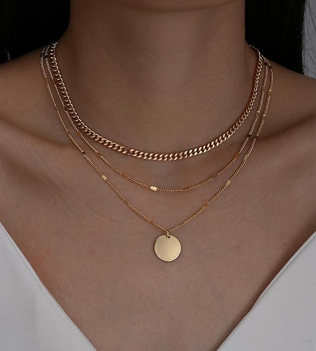 YEEZII Layered Gold Necklaces for Women Trendy, 3 Pcs 14K Gold Plated Choker Paperclip Box Chain Necklace, Stackable Women's Gold Pendant Necklaces Jewelry Set