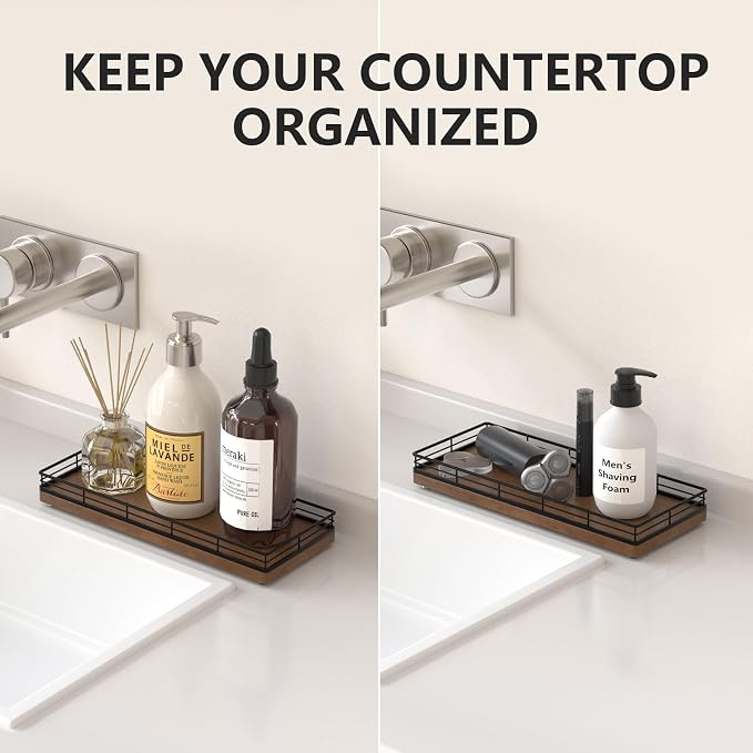 Bathroom Tray for Counter Top Organizer, Oak Wood Vanity Tray | Metal Frame for - Image 2