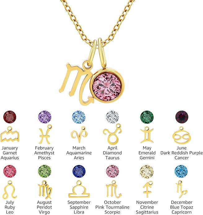 MISS RIGHT Initial Birthstone Necklace for Women - Personalized Gifts Birthday Gifts for Women Stainless Steel 18K Gold Plated Dainty Gold Zodiac Sign 12 Constellation Horoscope Necklace Jewelry