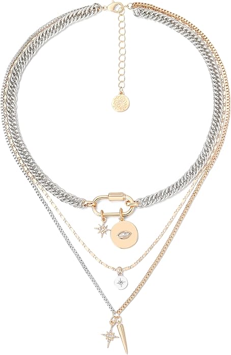 Gold Layered Necklaces for Women, 2PCS/3PCS Mixed Metal Necklace Set with Gold and Silver Necklace Chains with Evil Eye, Star & Spike Charms, Chunky Necklaces for Women & Necklace Stack Trendy Pendant Jewelry Birthday Valentines Day Gifts for Her