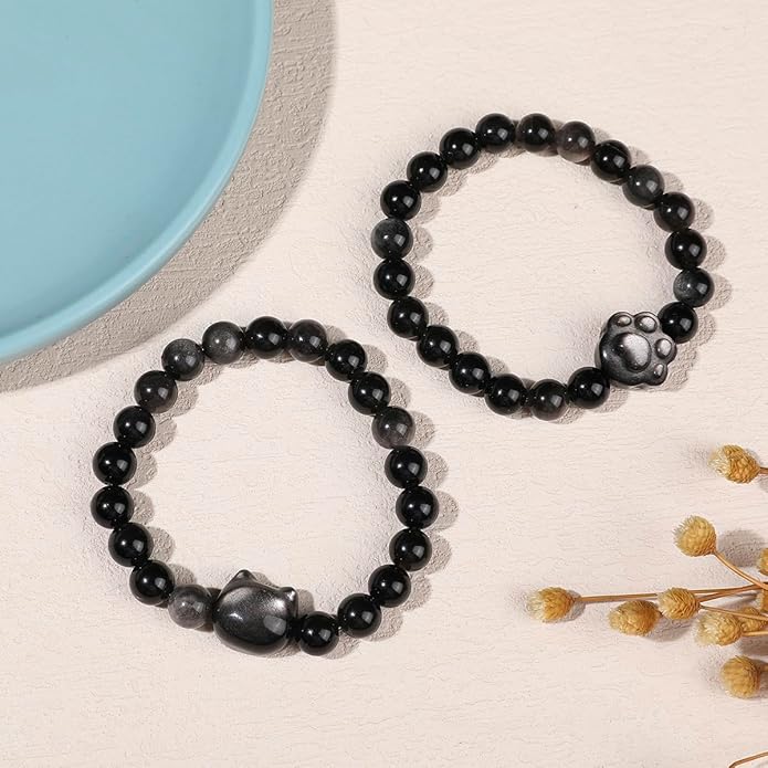 Black Obsidian Cat Bracelet and Moon Pendant Necklace Jewelry Set-Cat Lover Gifts,Wealth Attraction,Good Luck,Bead Bracelet,Mindfulness,Beaded Bracelets, Obsidian Pendant Necklace-Cute Gifts for Women