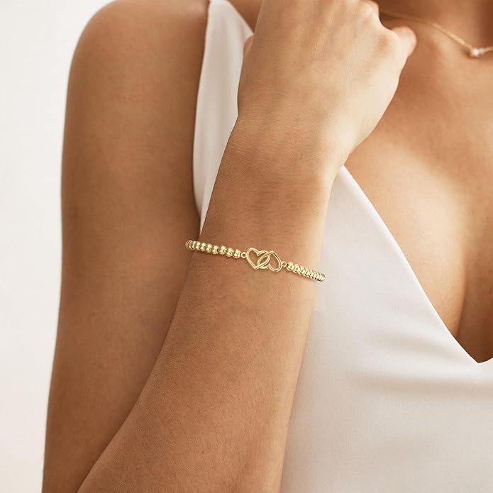 Valentines Day Gifts for Women Her - Beaded Stretch Handmade Ball Bracelets Cute Charm Bracelet Dainty Stackable Cross Heart Bow Wave CZ Jewelry Gifts Trendy Stuff