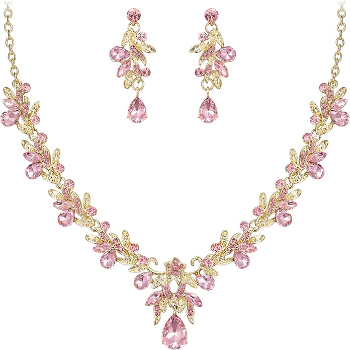 BriLove Women's Wedding Jewelery Set Leaf Flower Crystal Teardrop Marquise Cluster Pendant Necklace Dangle Earrings for Bridal Party