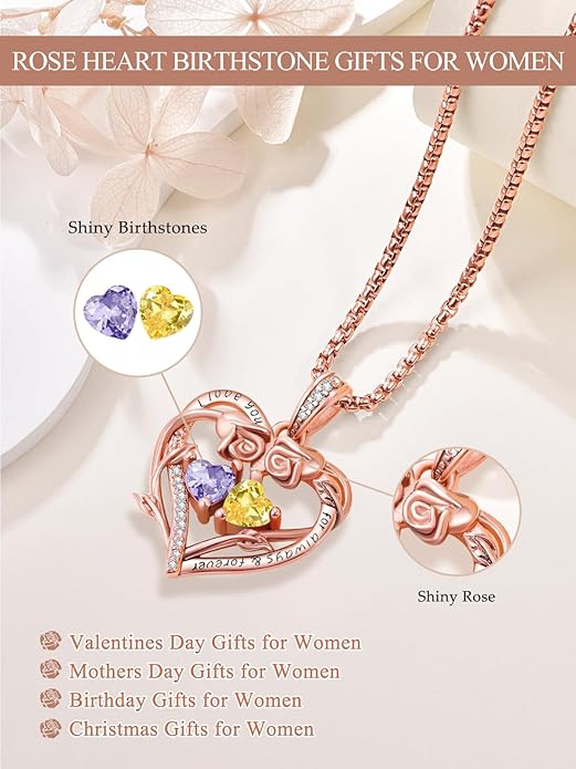 Rose Heart Necklaces for Women, Rose Gold Forever Love Jewelry with 2 Birthstones Pendant,Valentines Anniversarry Birthday Gifts for Her Wife Mom Grandma Daughter, 18+2 Inch Chain