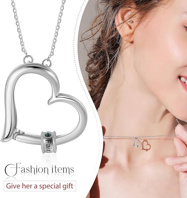 Personalized Women's Pendant Necklace 925 Sterling Silver with 1-5 Simulated Birthstone Names Customized Heart Shape Cubic Zirconia Necklace