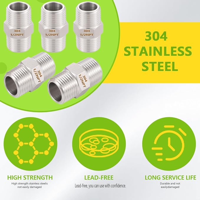 4PCS Hex Nipple 1/2" Male x 1/2" Male Pipe Fittings, 304 Stainless Steel 1/2 - Image 6
