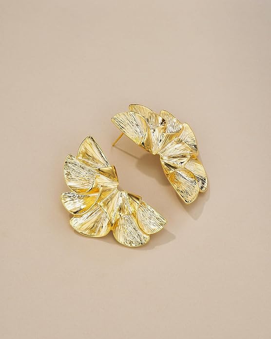 18K Gold Plated Large Chunky Flower Statement Earrings for Women by SNGIA, Summer Beach Floral Handmade Drop Jewelry, Maximalist Wedding Date Birthday Gift, Bold Exaggerated Textured Dangle Trendy Ribbed Jewelry, 18K Gold Plated Chandelier Fashion Acce...