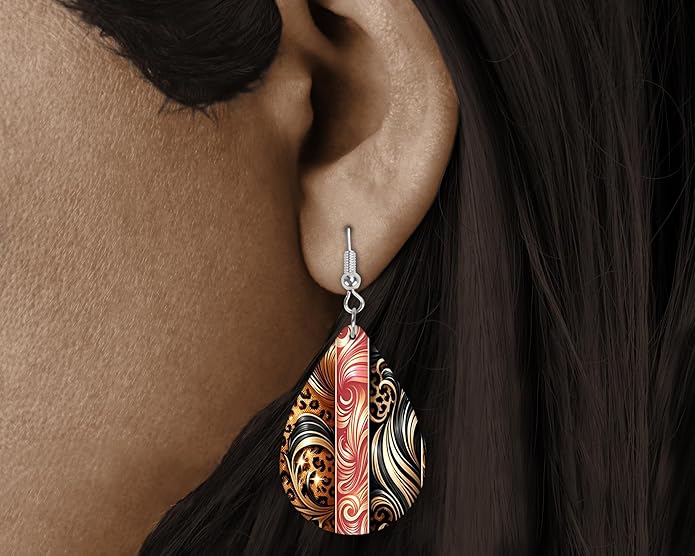 Teardrop Wood Earrings Light Weight Printed Image Dangle Jewelry, Fun and Funky