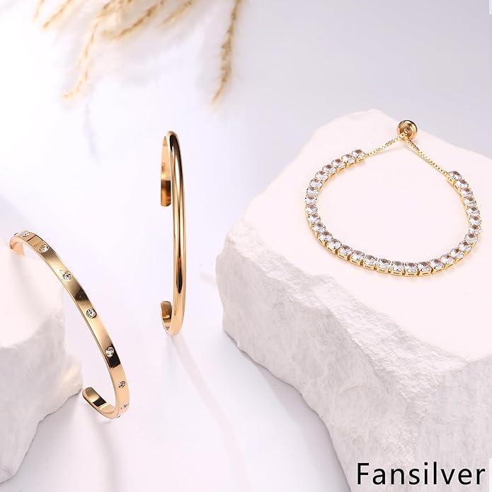 Fansilver 14K Gold Bracelets for Women Trendy Bangle Cuff Chain Bracelets Set Gold Plated Paperclip Bead Tennis Bracelet Chunky Gold Filled Bracelet Stack 3/4PCS