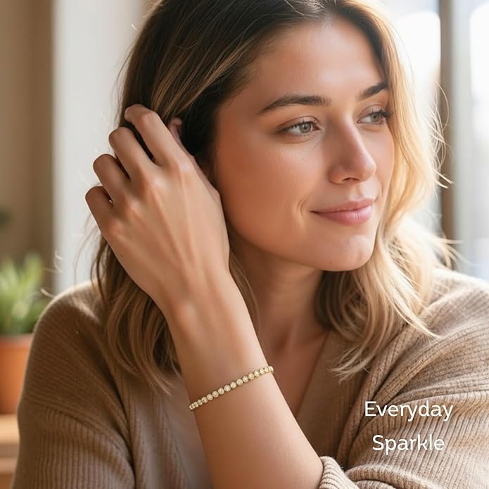 LOVE&LOVE Moissanite Tennis Bracelet for Women, Adjustable 18K Gold Plated 925 Sterling Silver Bracelet, 3/4mm D VVS1 Round Cut, Luxury Jewelry Gift for Wife Mom Girlfriend Birthday Anniversary