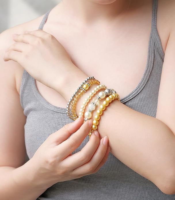 Noessla Beaded Pearl Stretch Bracelet Silver Stackable Crystal Beads Bracelets Trendy Costume Jewelry Mothers Day Gifts for Women