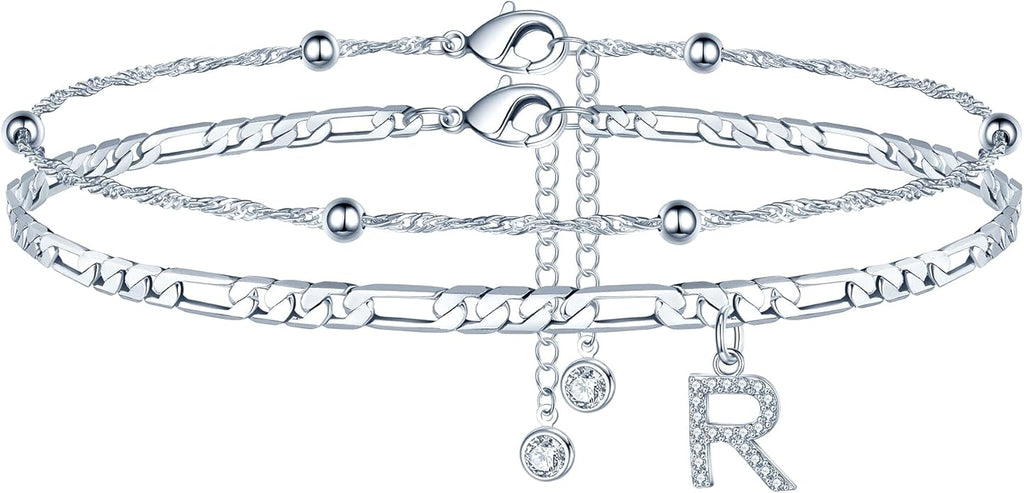 Ursteel Ankle Bracelets for Women, 14K Gold Plated Dainty Layered Chain CZ Initial Anklets Summer Jewelry Gifts for Women