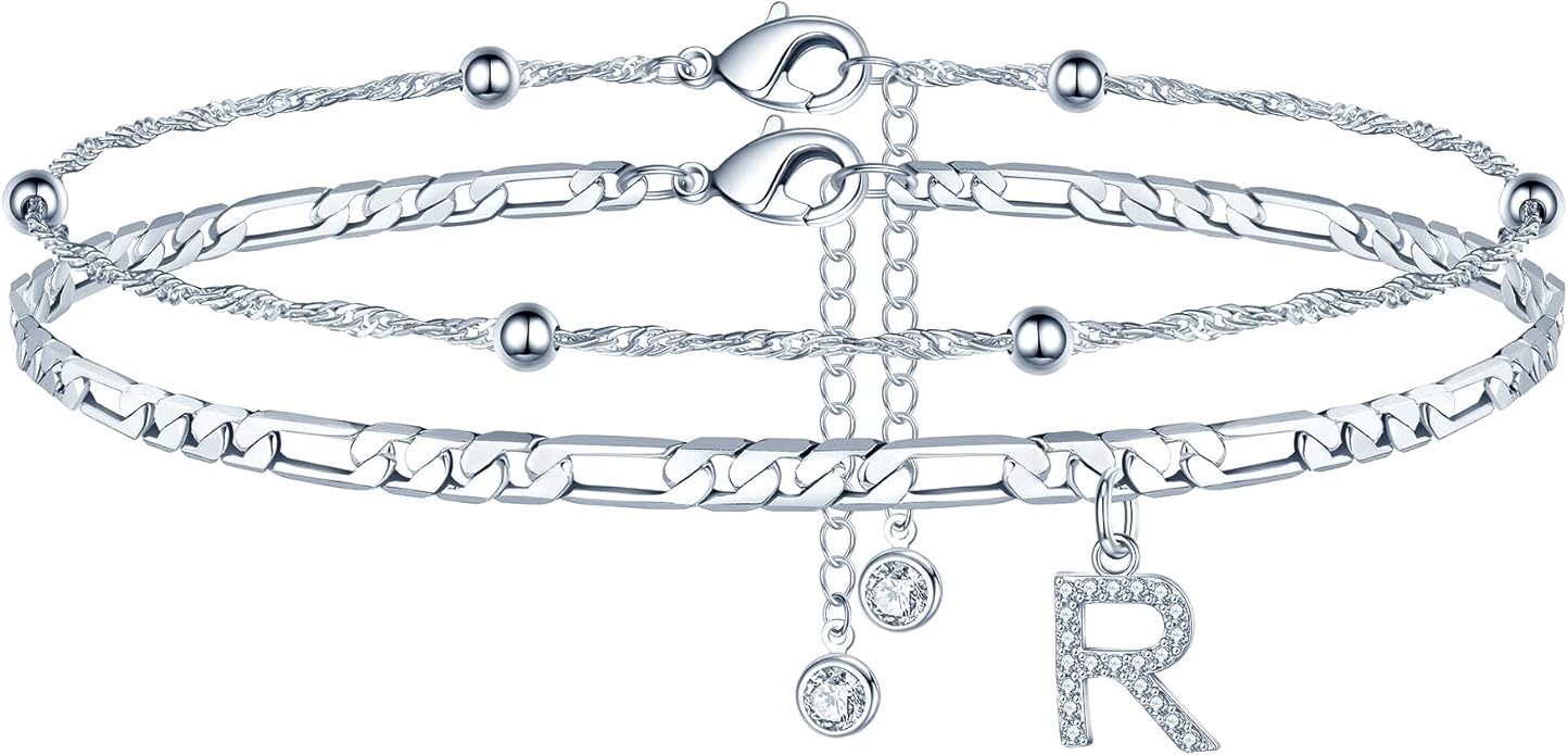 Ursteel Ankle Bracelets for Women, 14K Gold Plated Dainty Layered Chain CZ Initial Anklets Summer Jewelry Gifts for Women