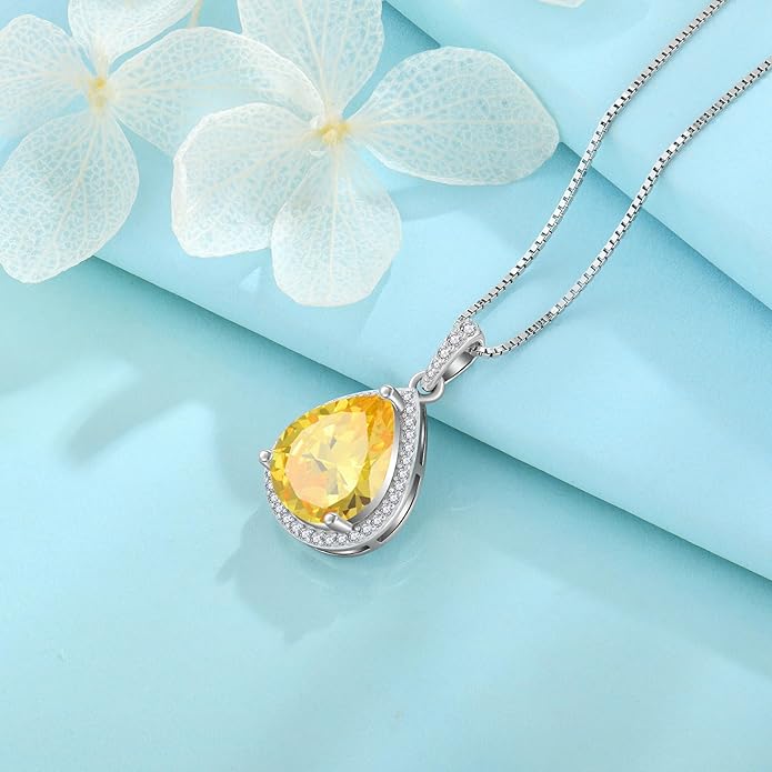FJ Teardrop Pendant Necklace 925 Sterling Silver Birthstone Jewelry Gifts for Women