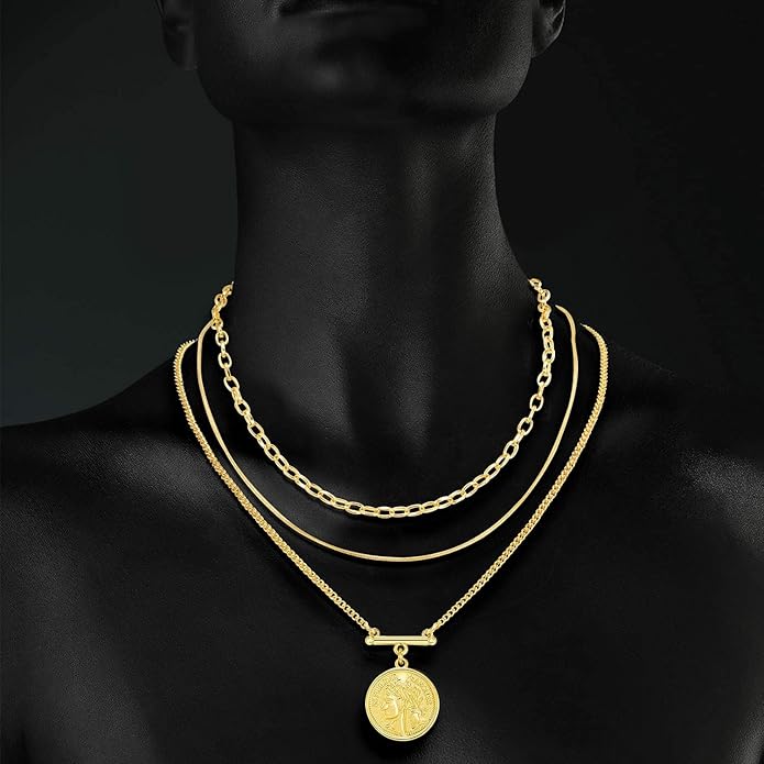LANE WOODS Gold Plated Necklaces for Women - Multilayer Coin Medallion Pendant Necklace Adjustable Layering Choker Necklaces Chain Set Jewelry