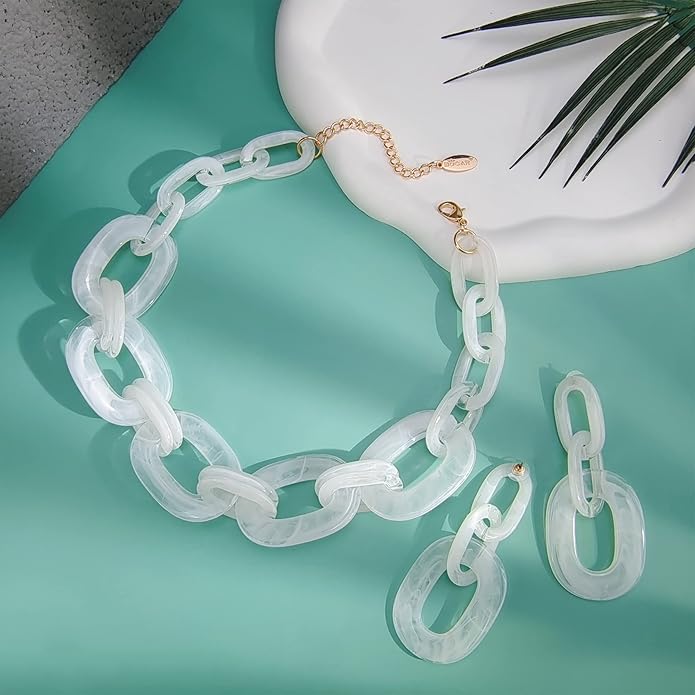 Bocar Acrylic Chunky Statement Necklace for Women Cube Link Chain Collar Necklace and Hoop Earrings Costome Jewelry Set