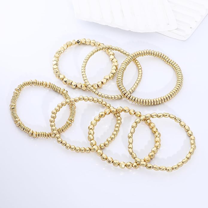 Gold Plated Beaded Bracelets for Women Trendy, 14K Gold Plated Stack Cross Pearl Gold Plated Bead Stretch Bracelets Set Elastic Hypoallergenic Bracelets Jewelry Gifts