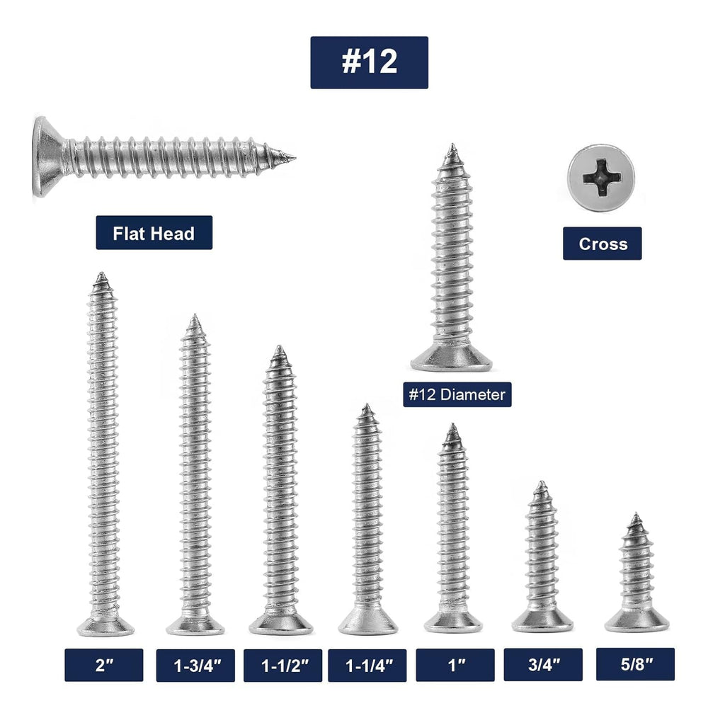#12 x 1-1/4" Wood Screw 100Pcs 18-8 (304) Stainless Steel Screws Flat Head Phillips Fast Self Tapping Drywall Screws by SG TZH